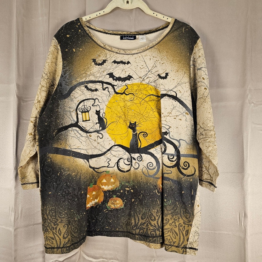 Basic Editions Womens 3/4 Sleeve‎ Halloween Black Cat Moon Bats Shirt Top 1X